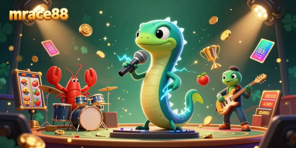 Experience the electrifying musical show at Mrace88's underwater casino stage with vibrant gaming elements.