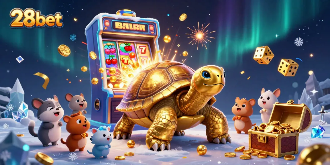 Experience thrilling casino action with 28bet's vibrant gaming scene featuring a golden tortoise pinball machine.