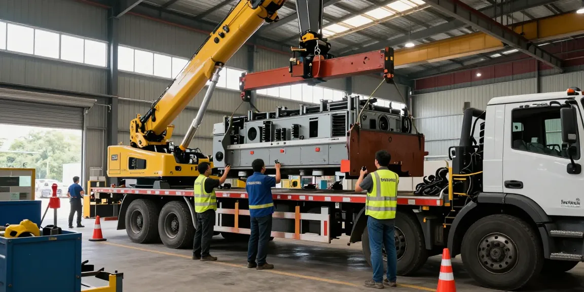 Professional machinery movers in action, coordinating to safely lift and relocate heavy machinery, showcasing teamwork and expertise.