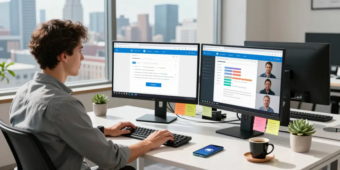 Young professional using Telegram网页版 in a modern office workspace, showcasing productivity and digital communication.