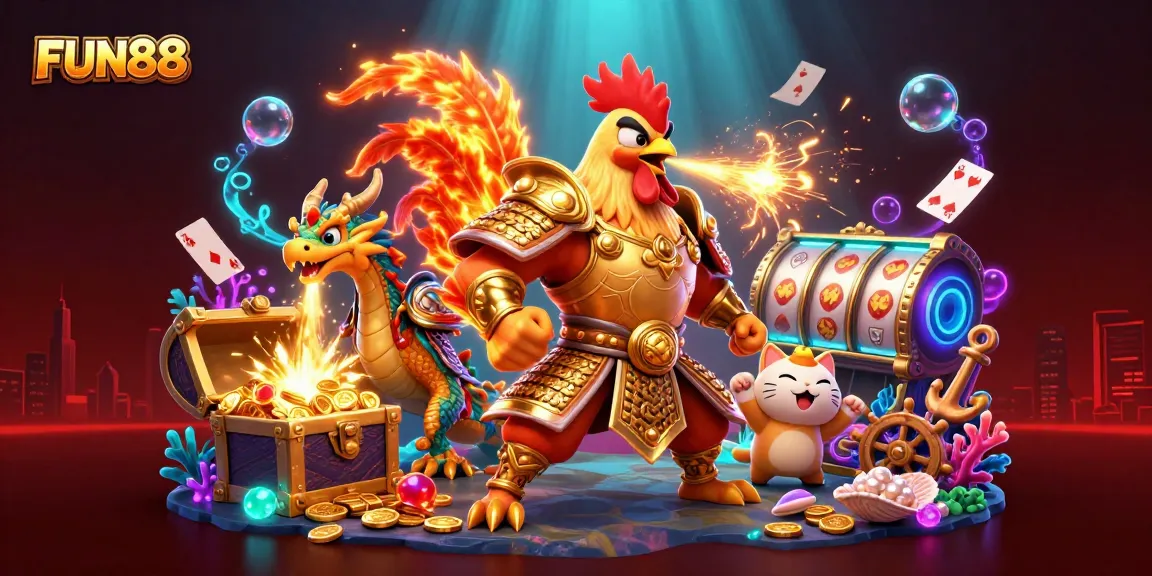 Spin to win with FUN88's exciting casino games illustrated in vibrant 3D featuring dynamic characters.