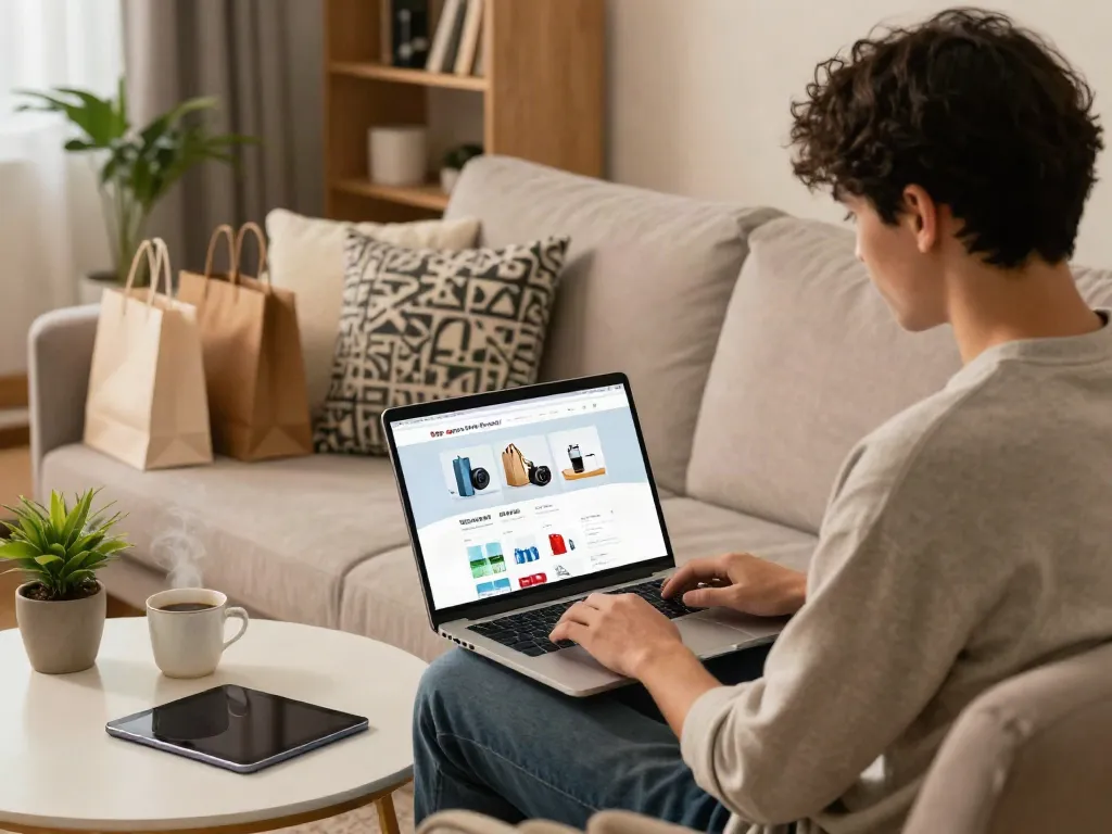 Person engaging in online shopping at https://www.78wind.love/ from a cozy living room, capturing the e-commerce experience.