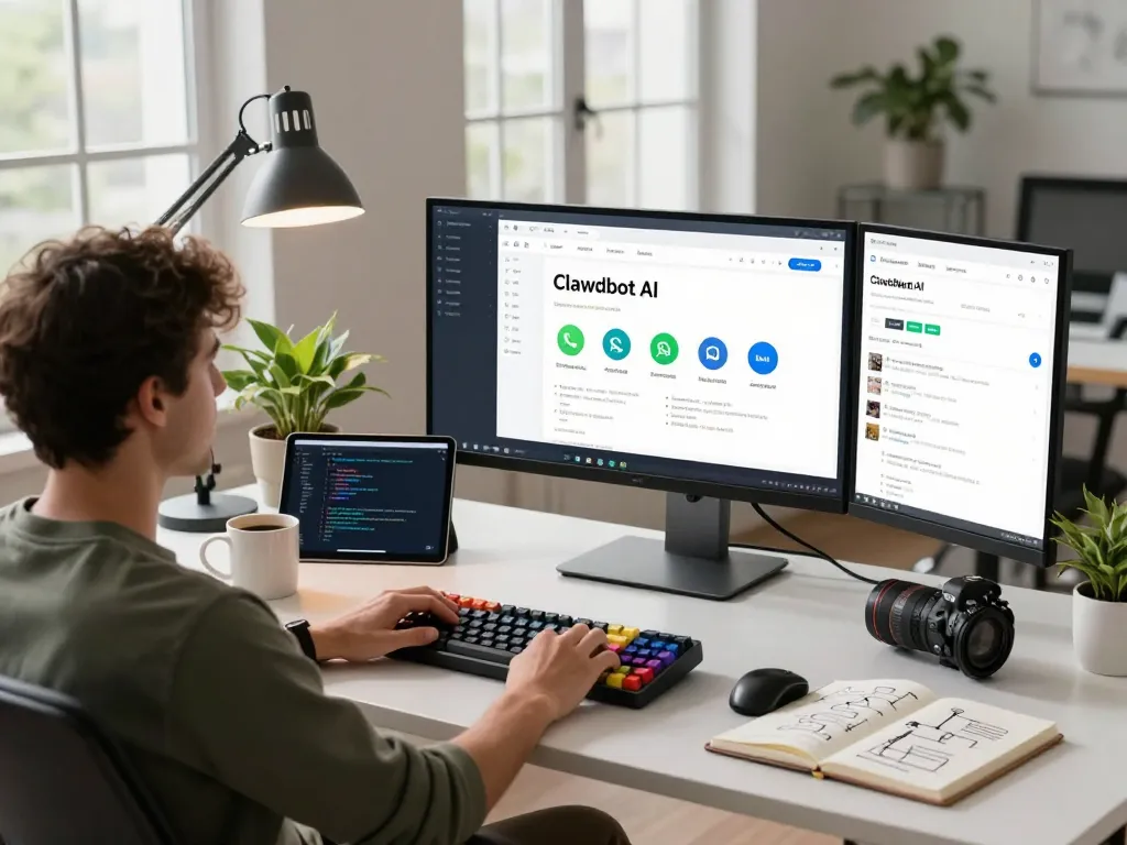 Developing with Clawdbot AI in a modern home office setup featuring dual monitors and a busy workspace.