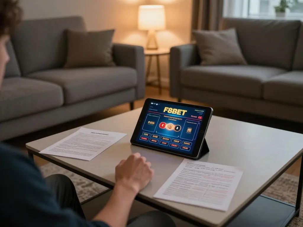 Player enjoying online gaming on F8BET tablet in a cozy living room setting, highlighting relaxation and strategy.