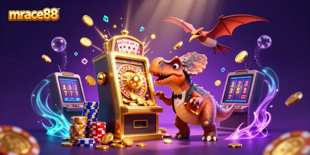 Experience the excitement of mrace88 as animated dinosaurs interact with a jackpot slot machine in a vibrant casino scene.