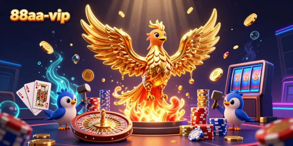 Experience the thrilling excitement of 88aa-vip with golden phoenix, casino elements, and vibrant visuals.