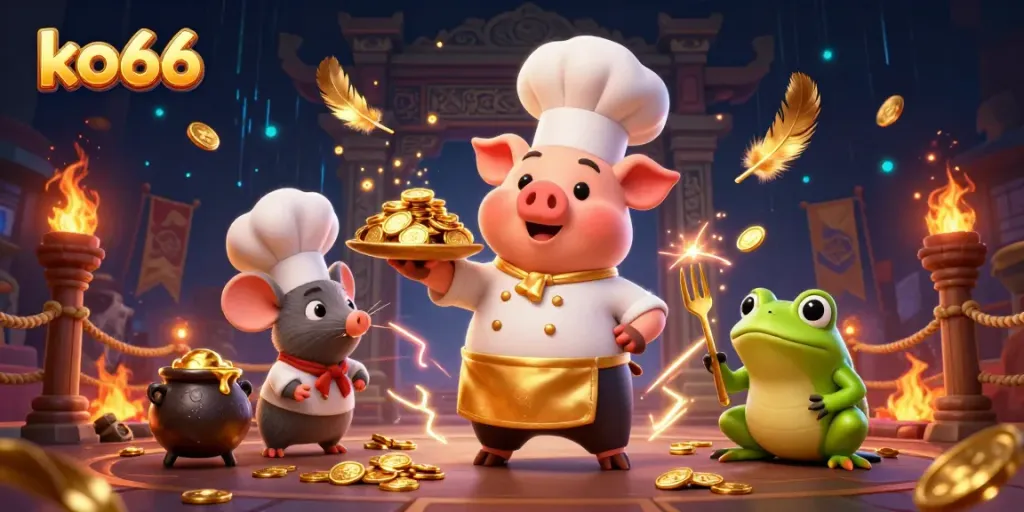 Engage in the excitement of ko66 with a vibrant 3D casino scene showcasing dynamic characters and golden coins.