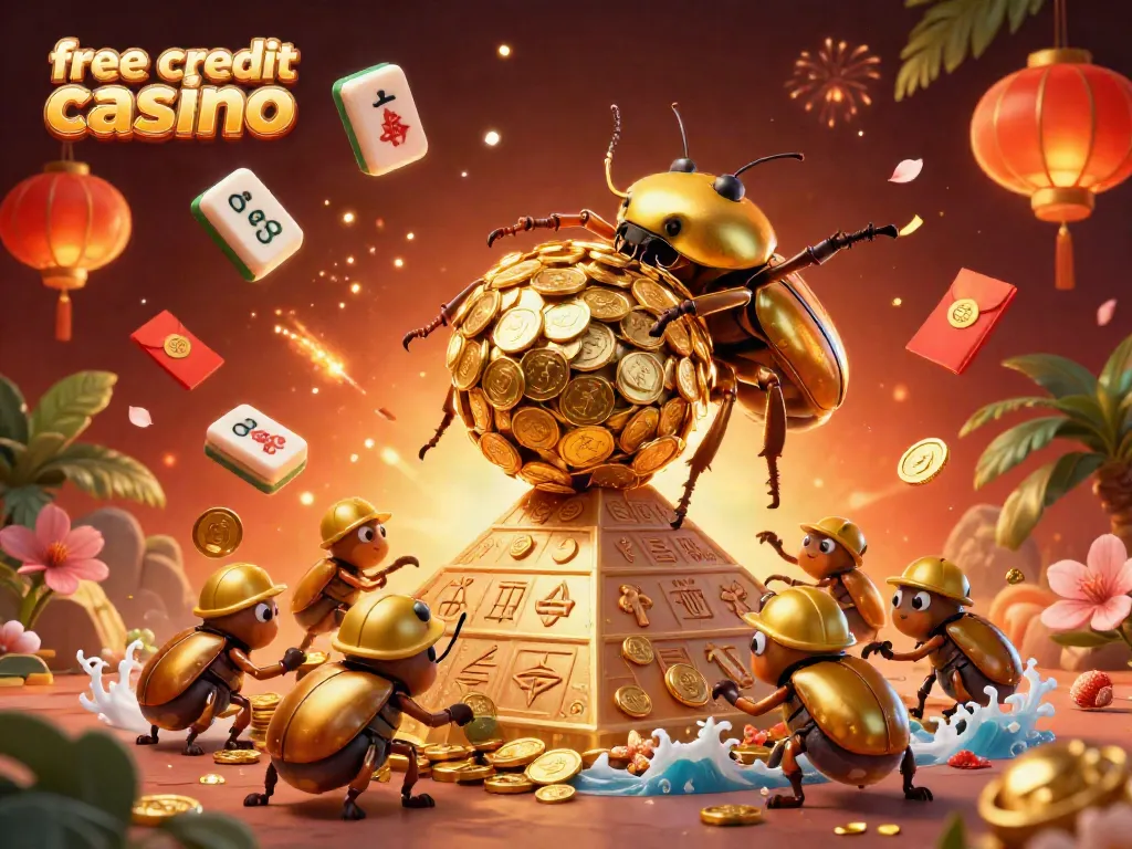 Experience the vibrant energy of free credit casino gaming with dynamic visuals of golden beetles and symbols.