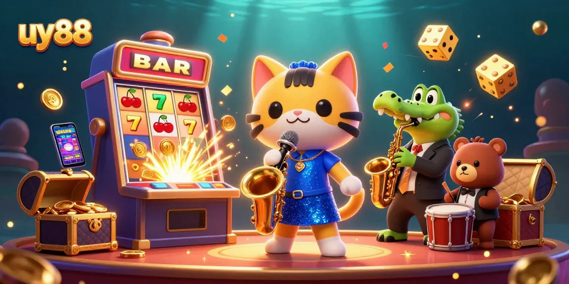 Experience excitement at uy88 with vibrant casino characters amidst a jackpot explosion.