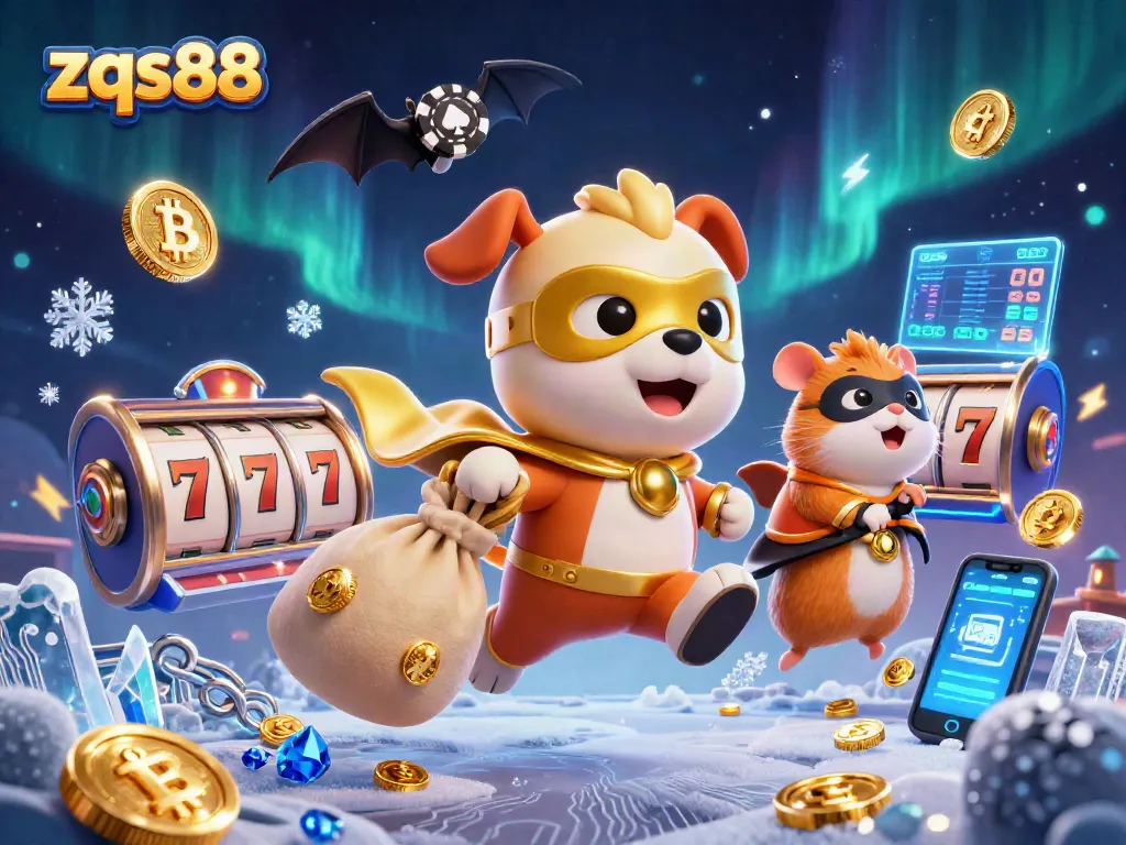 Win big with zqs88 in this vibrant 3D illustration of a superhero dog and hamster exploring online gambling.