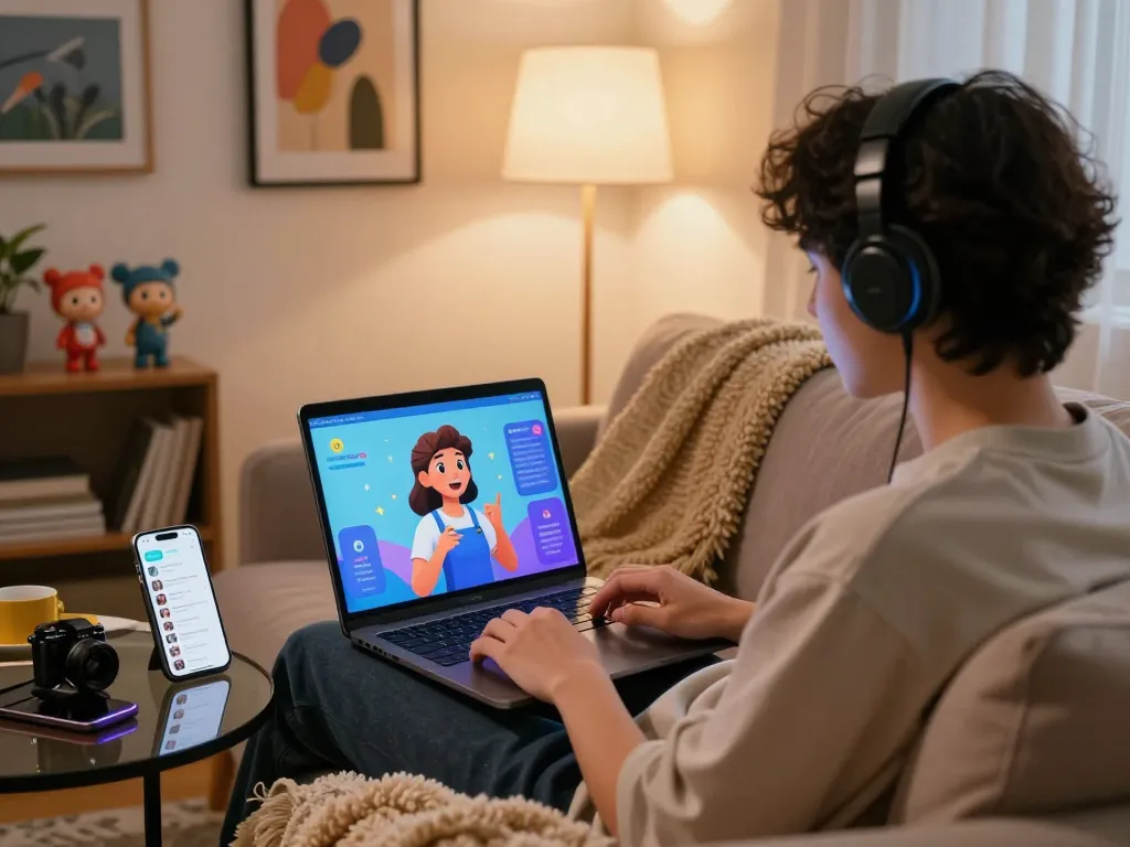 Engaging with a vibrant AI character in cozy digital space, exploring 18+ ai interactions.