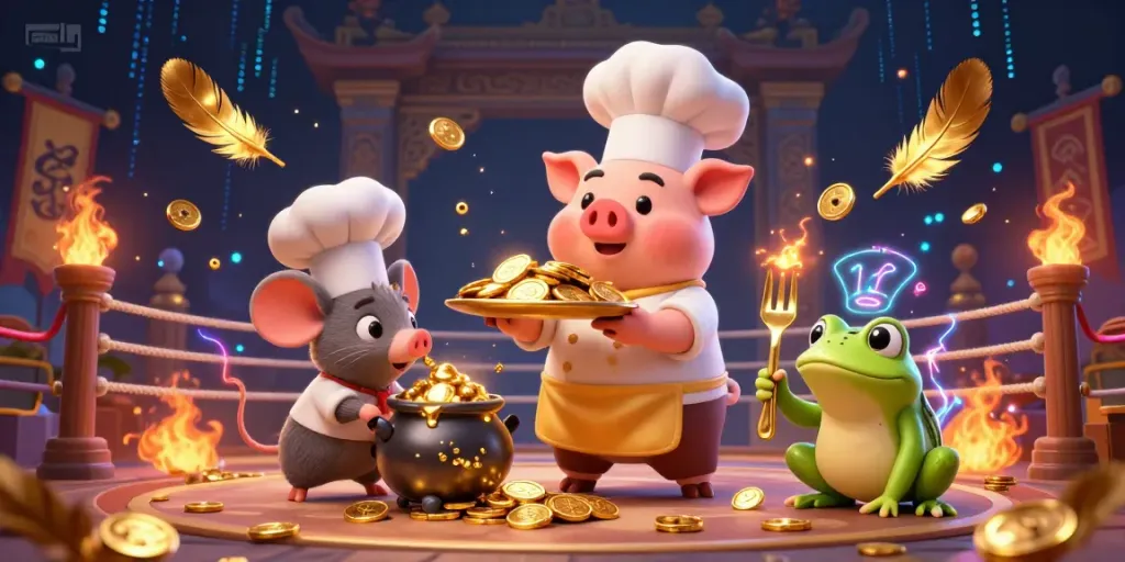 Join Duitgini's vibrant world of loans as a chef pig serves gold coins in a dynamic casino atmosphere.