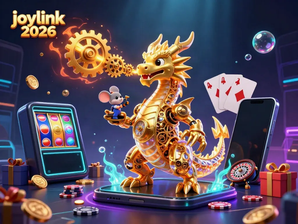 Experience excitement with joylink 2026 through a vibrant golden dragon scene with slot games and poker elements.