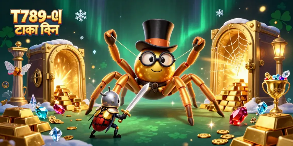 Engage with T789-এ টাকা জমা দিন in this vibrant 3D casino illustration showcasing dynamic characters and gold treasures.