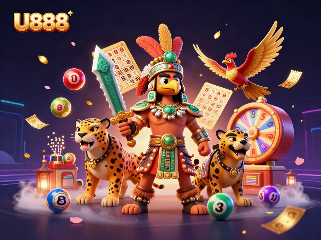 U888 offers vibrant casino excitement with dynamic lottery balls and Aztec-themed characters.