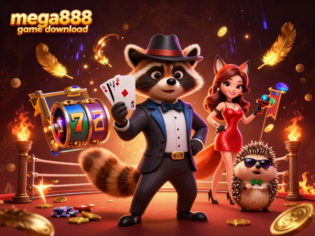 Engage in mega888 game download with casino characters enjoying a vibrant gaming atmosphere.
