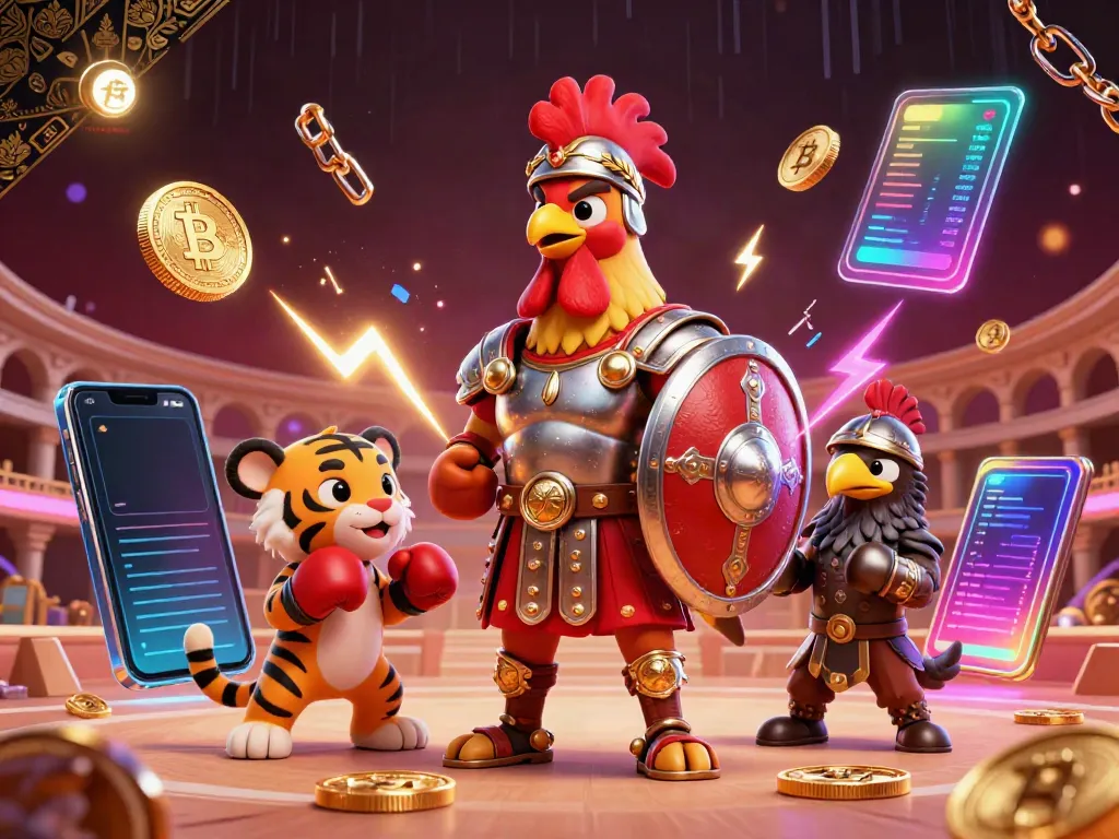 Engage in thrilling digital gaming with rtzz login, featuring characters in a dynamic casino-inspired scene surrounded by cryptocurrency elements.