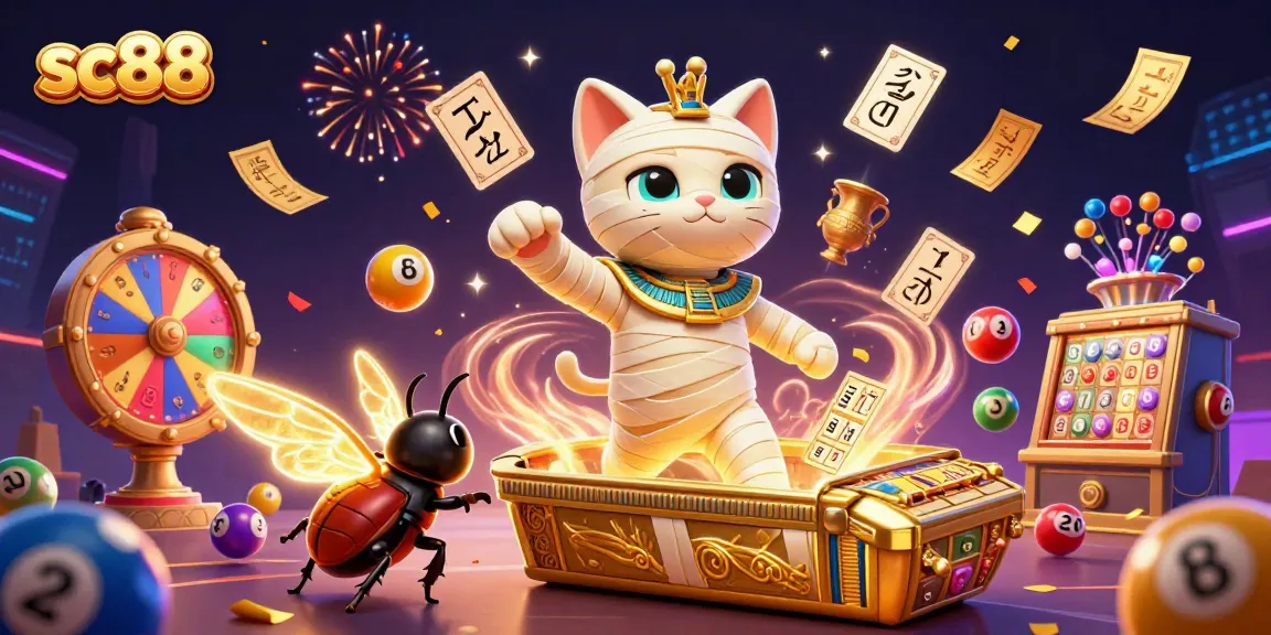 sc88 engages players with a vibrant casino scene featuring a mummy cat and lucky symbols.
