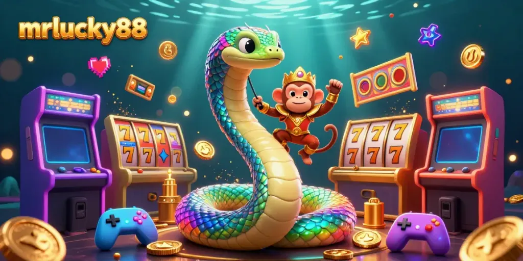 Engage with the vibrant world of mrlucky88 through an ultra-detailed casino scene showcasing slot reels, rainbow serpent, and golden monkey king.