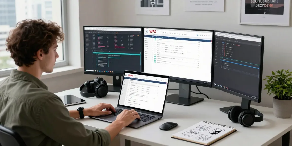Developer working with the WPS Official Website interface in a modern workspace.