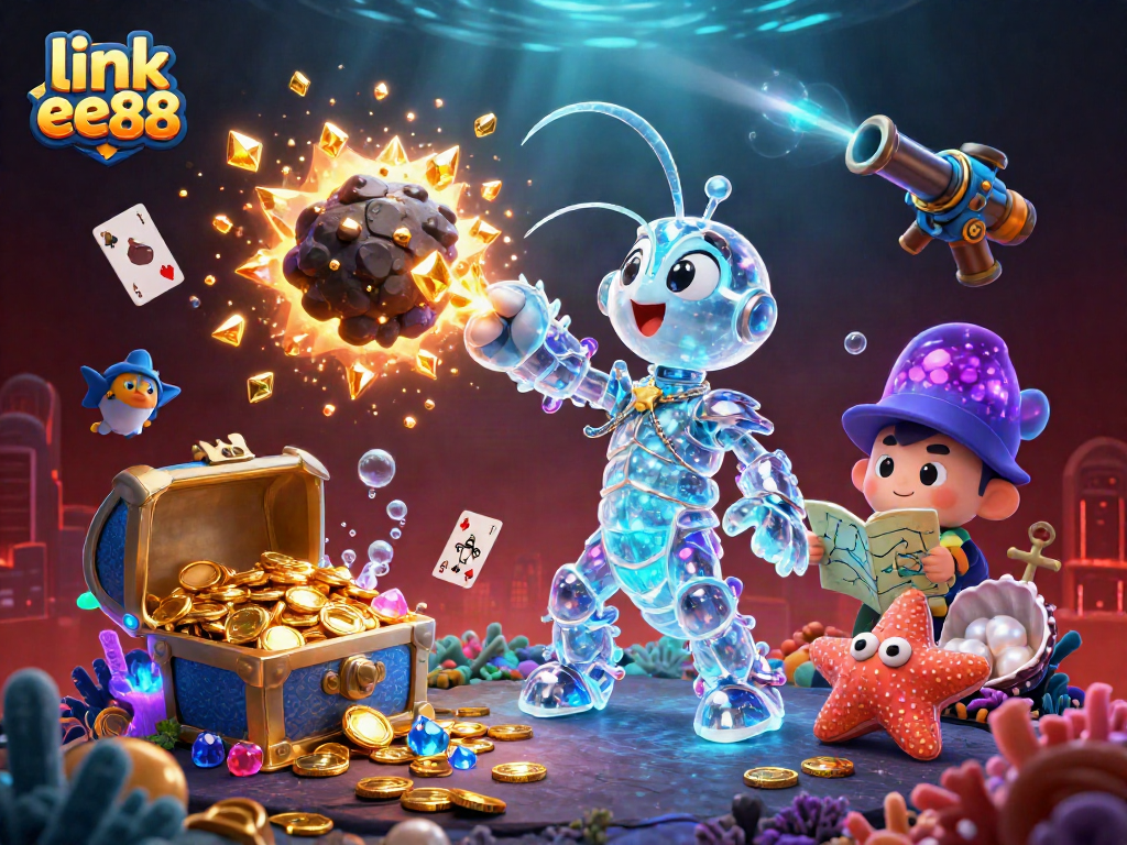 Engage with the link ee88 platform as a galactic samurai mantis shrimp unveils treasures in an underwater casino adventure.