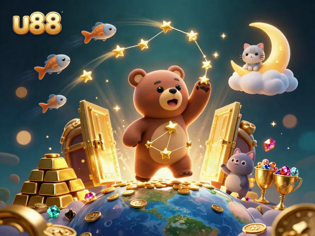 Unleash fortune with u88 in this vibrant 3D illustration showcasing a constellation bear and treasure elements.