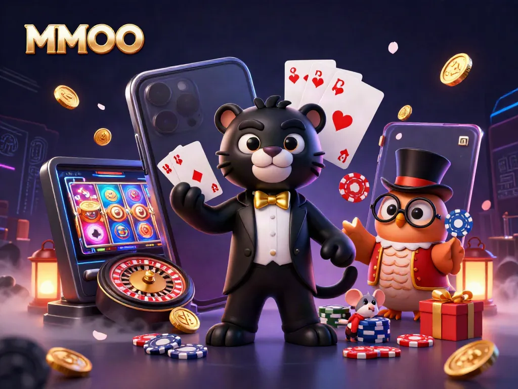 Engage with MMOO's vibrant 3D casino world, showcasing a stylish panther, wise owl, and lucky mouse in action.