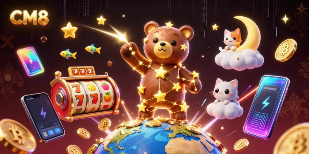 Engage with CM8's dynamic casino atmosphere featuring lively characters and vibrant slot games.