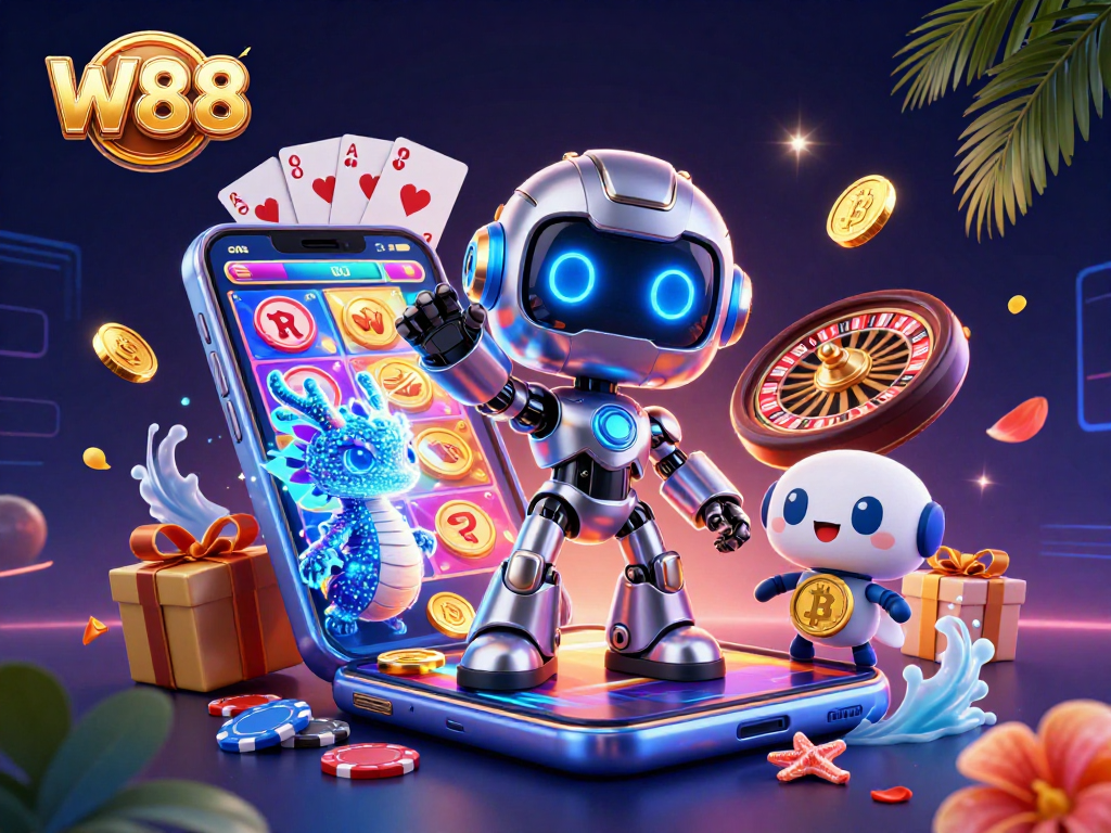 Experience thrilling gameplay at W88 with a vibrant 3D casino illustration showcasing excitement and fun.