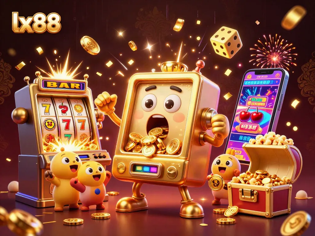 Celebrate big wins with the lx88 golden slot machine in a vibrant casino scene filled with festive elements.