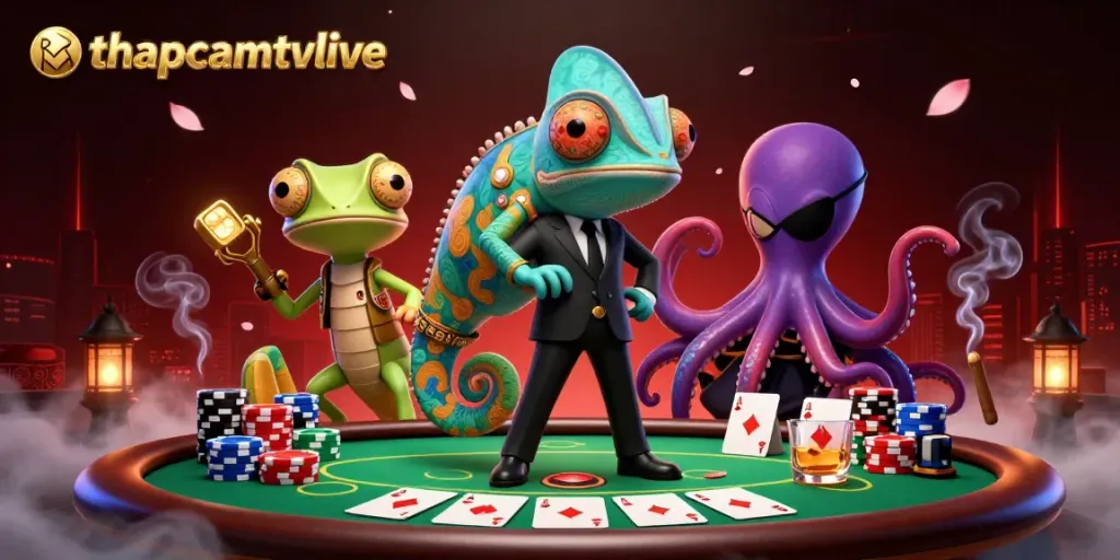 Engage with thapcamtvlive showcasing thrilling card action featuring vibrant chameleon and gecko characters.