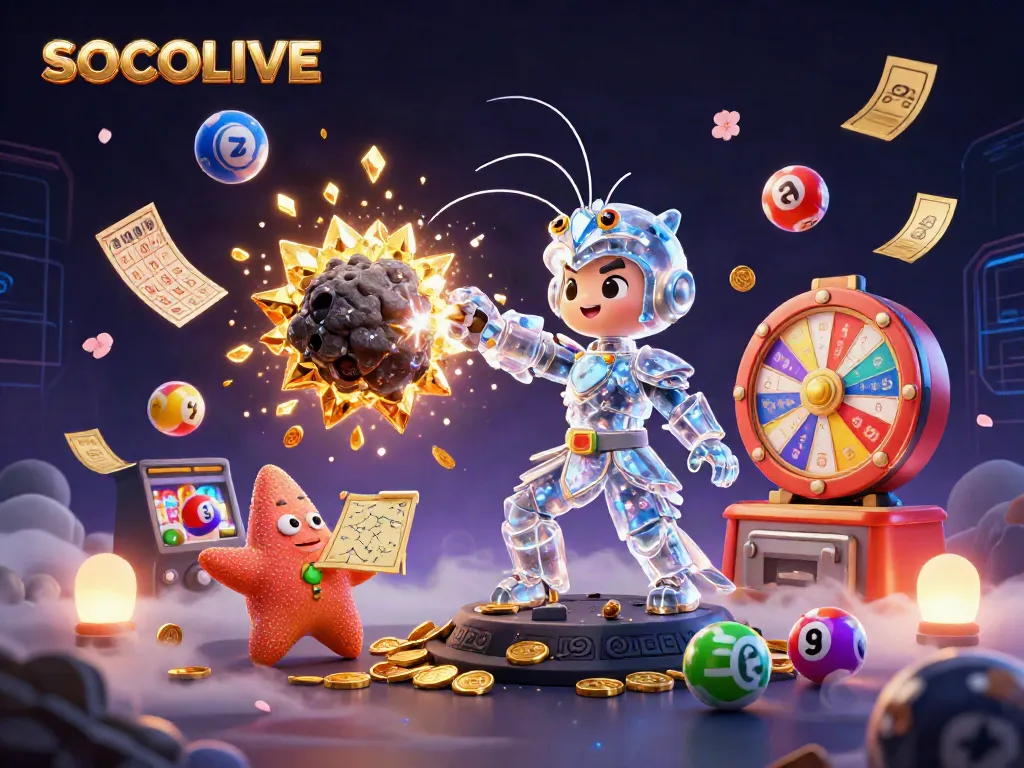 Experience SOCOLIVE with a cosmic samurai shrimp amidst dynamic gaming elements in a vibrant digital illustration.