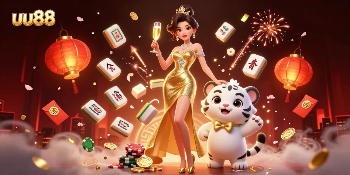 Engage in exciting gameplay at uu88, where a glamorous figure and a lucky tiger celebrate amidst vibrant casino elements.