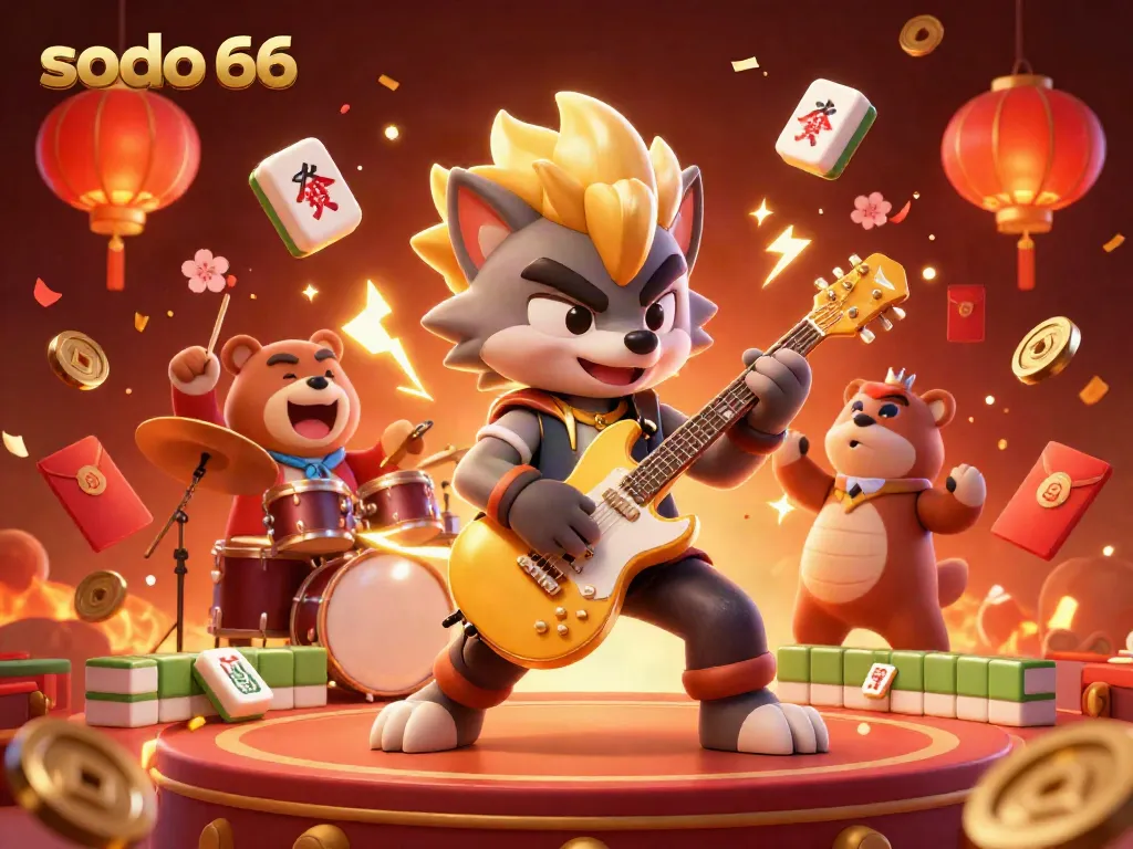 Sodo 66 adds excitement with a vibrant casino scene showcasing a rock star wolf and drummer bear amidst colorful gambling elements.