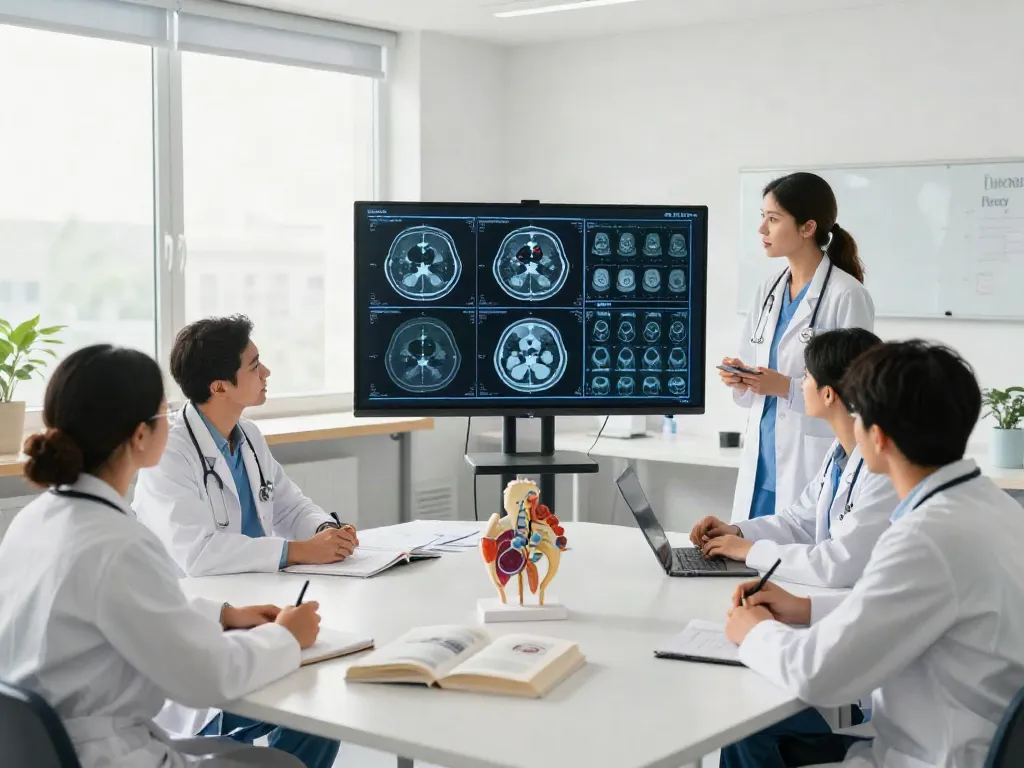 Healthcare professionals discussing radiology concepts related to rokok88 in an inviting classroom.