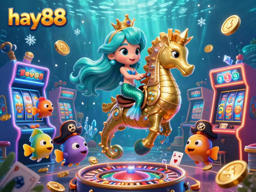 Immerse in the vibrant fun of hay88 with a playful underwater casino scene featuring a mermaid princess and gaming elements.
