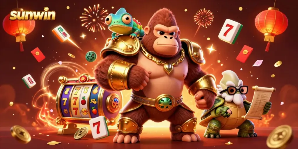 Experience the thrill of sunwin with a powerful gorilla king and dynamic casino elements in this vibrant illustration.