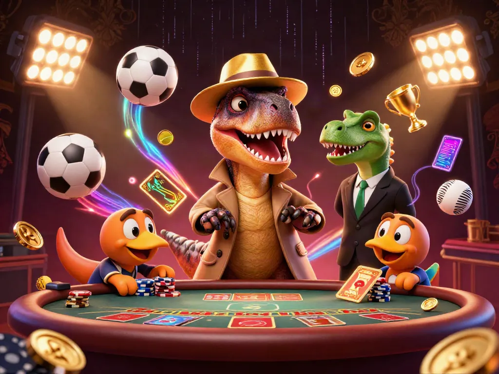 Cakhiatvvn cartoon scene with a velociraptor gambling, showcasing dynamic sports elements and rich 3D details.