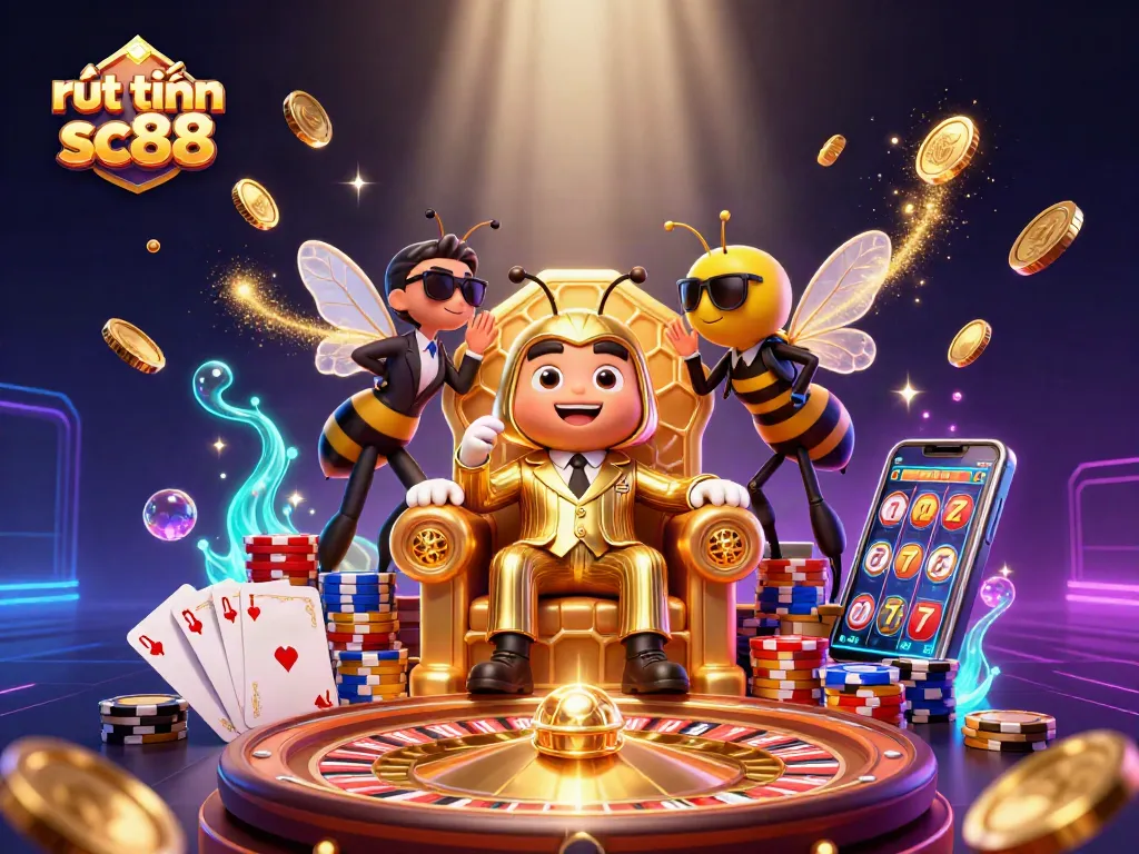 Engage with rút tiền sc88 in a vibrant, dynamic casino scene featuring a mob boss and animated game elements.