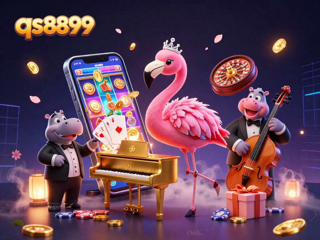 Experience the excitement of qs8899 with our vibrant casino illustration featuring a flamingo singer and hippo bassist.