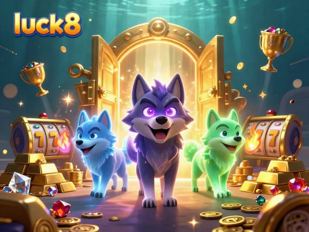 Engage with luck8 players in an electrifying casino scene featuring spectral wolves and golden treasures.