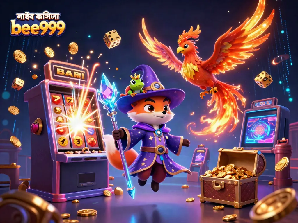Engage in thrilling gameplay with লাইভ ক্যাসিনো bee999 featuring a wizard fox and a phoenix amidst vibrant casino elements.