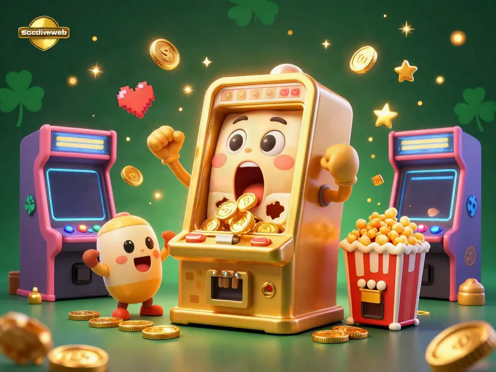 Socoliveweb brings excitement as a golden slot machine hits a jackpot with coins pouring out amidst cheering baby machines.