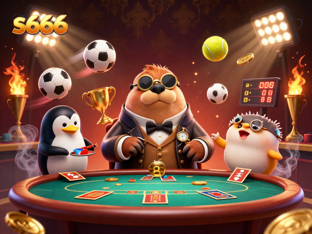 S666 gaming scene with a walrus, penguin dealer, and pufferfish bluffing at an underwater poker table.