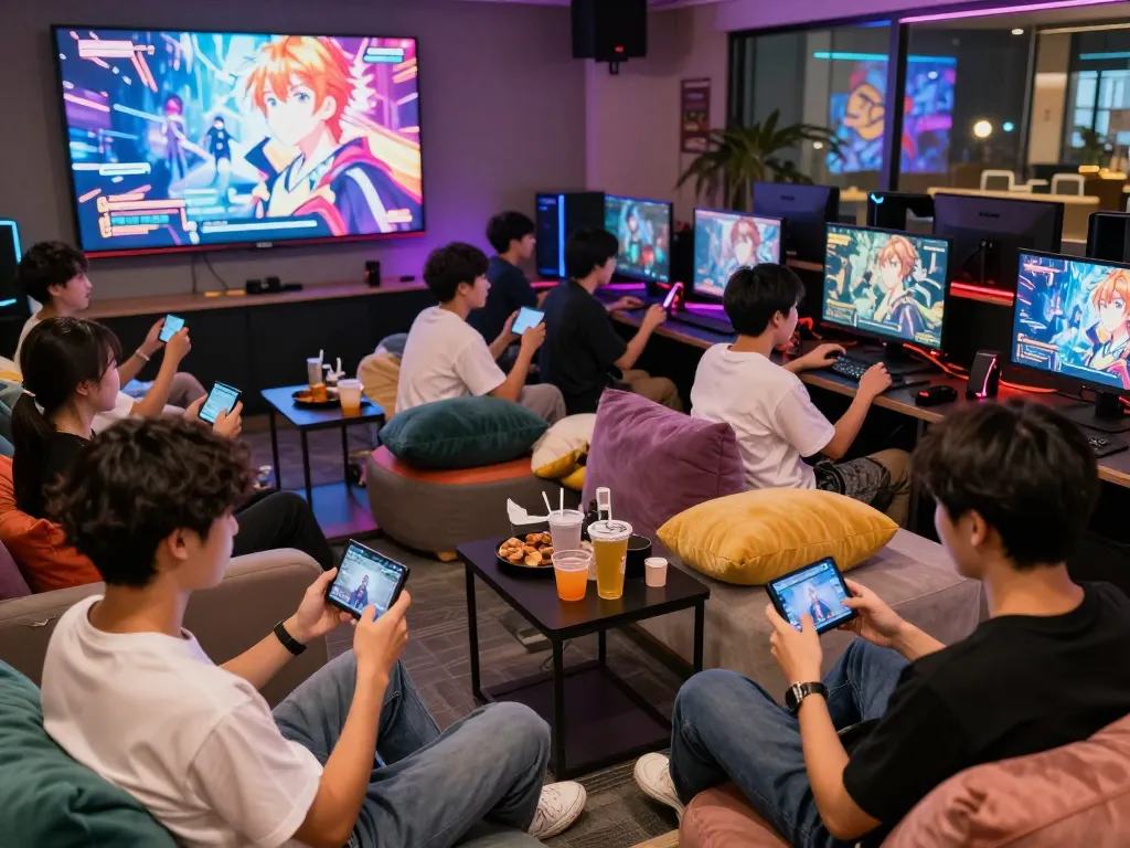 Players enjoying social gaming while they play porn games in a vibrant lounge.