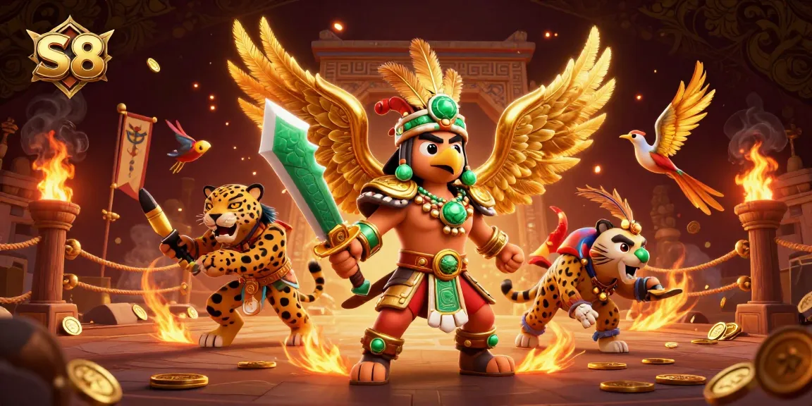 Experience thrilling gameplay at S 8 with dynamic warriors and rich symbols in a vibrant casino scene.