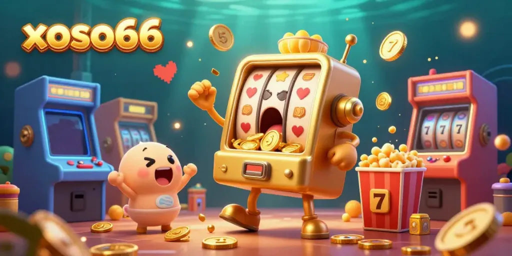 Experience the dynamic atmosphere of xoso66 with a golden slot machine celebrating a jackpot amidst cheering companions and arcade elements.