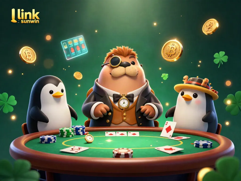 Join the excitement with link sunwin at the vibrant underwater casino scene featuring a poker table, where a jovial walrus, a penguin dealer, and a pufferfish player interact surrounded by glowing cryptocurrencies and stunning visuals.