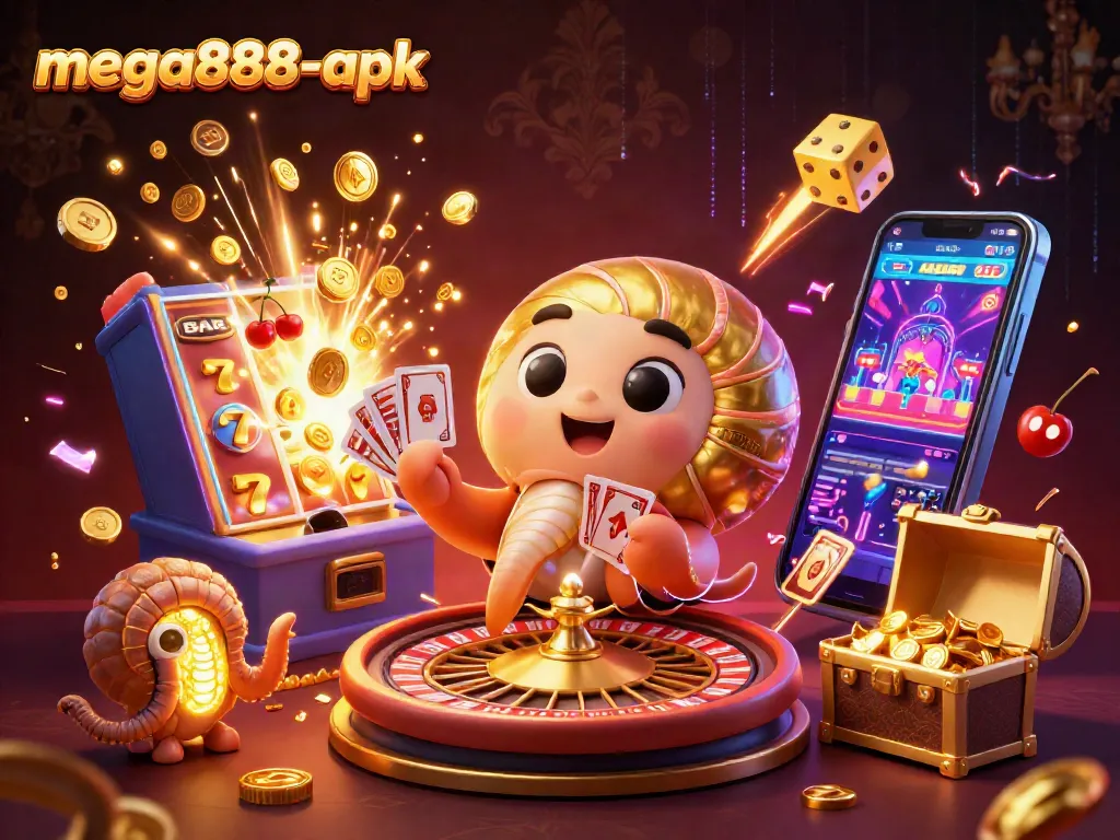 Spin to win with mega888-apk in an enchanting 3D casino illustration filled with vibrant game elements.