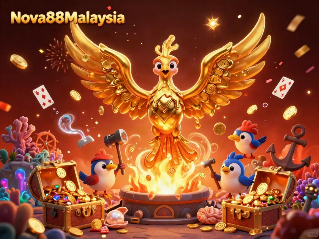 Experience the thrill at Nova88Malaysia with a molten phoenix and treasures in a vibrant scene.